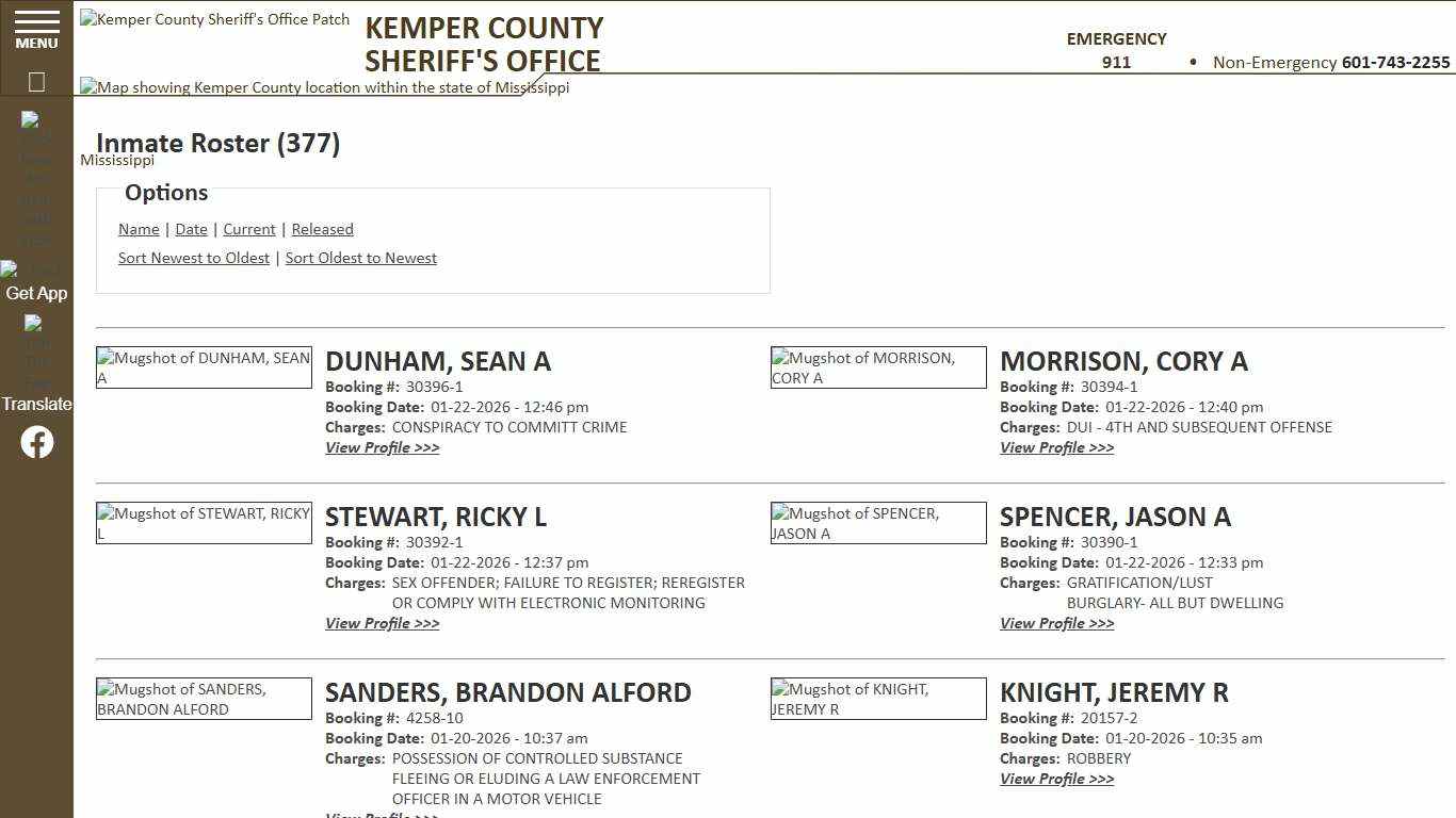 Inmate Roster - Current Inmates Booking Date Descending - Kemper County Sheriff MS